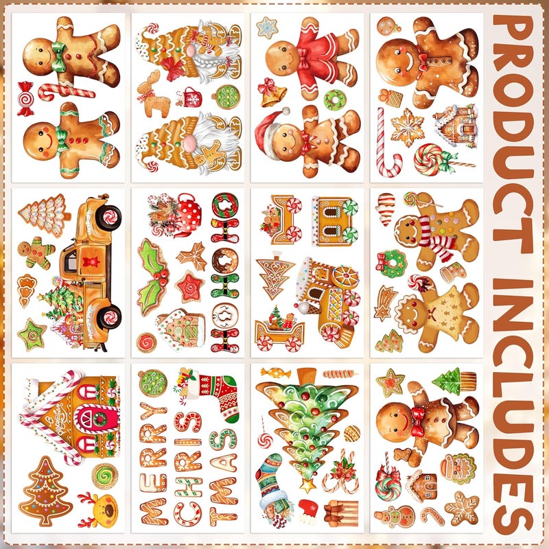 BORAMDO Christmas Window Clings 12 Sheets, Gingerbread Candy Window Decals Stickers, Removable Glass Decorations for Xmas Holiday Home Office Decor, 12 Styles - Image 3